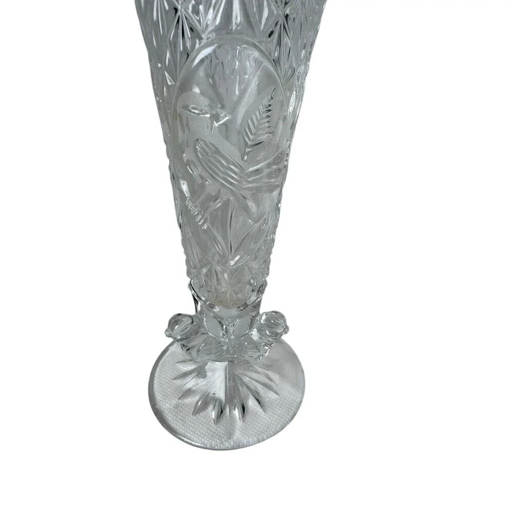 Hofbauer Byrdes Cut Crystal 7” Tall Vase with Sawtooth Edge Birds Fast Shipping